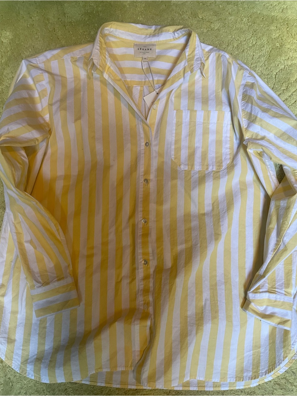 Sezane Yellow and White Striped Button-Up Blouse